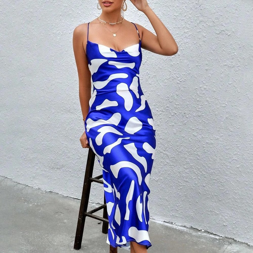 Blue & White Preppy Womens Allover Print Draped Collar Cami Dress - Picture 3 of 5